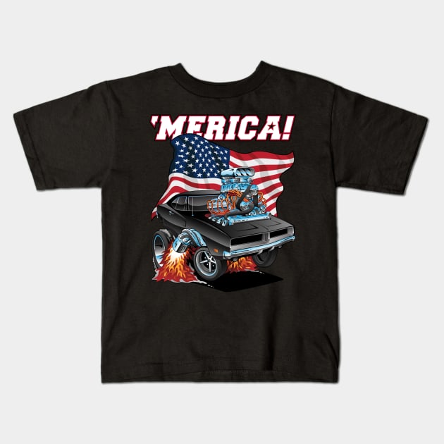 Merica Patriotic Classic Hot Rod Muscle Car USA Flag Cartoon Kids T-Shirt by hobrath